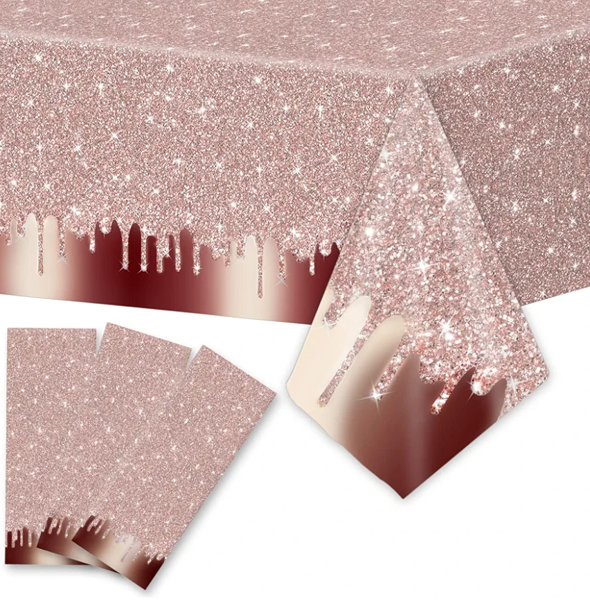 3pcs Pink Rose Gold Birthday Party Tablecloths Rose Gold Sequin Printed Plastic Table Cover Glitter Diamonds Happy Birthday Background for Girl Wedding Graduation Anniversary Indoor Outdoor（Plastic）