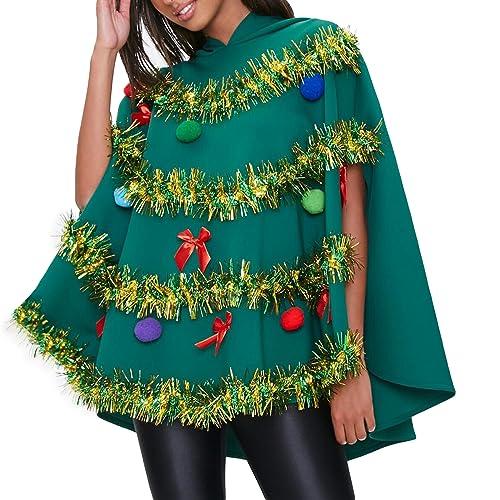 Nicoxijia Women Christmas Tree Costume Color Block Bow Shiny Poncho Hooded Cloak Funny Xmas Cosplay Party Prop Outfits Gifts (Green, S)