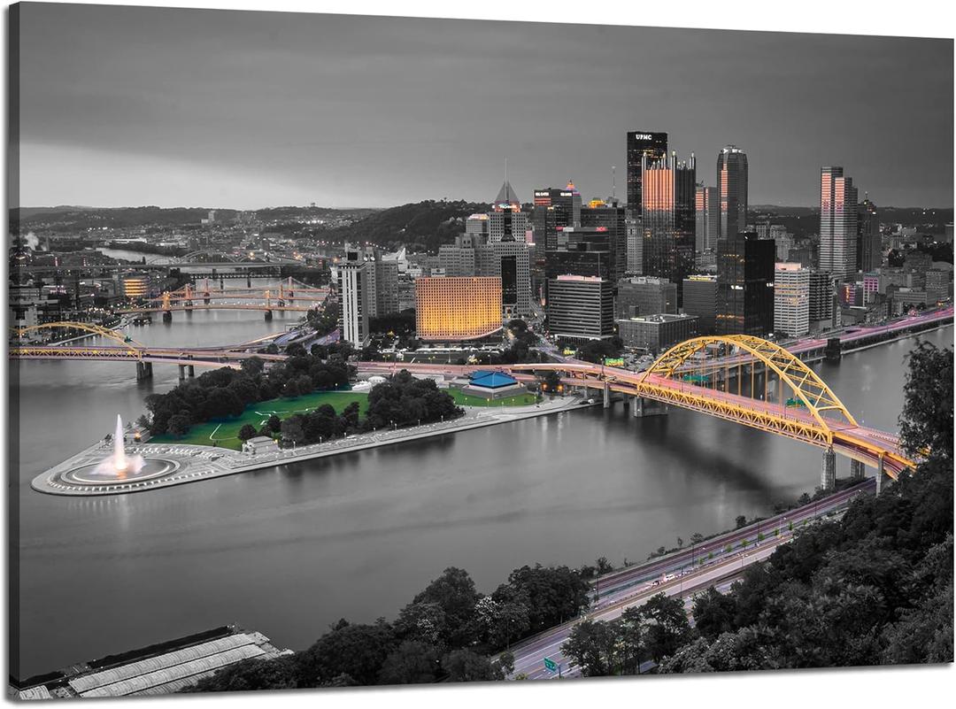 Black and White Pittsburgh Wall Art Pennsylvania Pittsburgh Wall Decor Picture Canvas Print Pittsburgh Painting Poster Framed Home Living Room Bedroom Decoration Ready to Hang(36''Wx24''H)