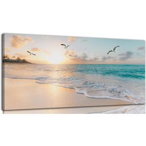 Beach Wall Art Pictures for Living Room Ocean Canvas Wall Art Decor Beach Scene Painting for Bedroom Blue Seascape Theme Art Print for Home Office Decoration Ready to Hang(24"×48")