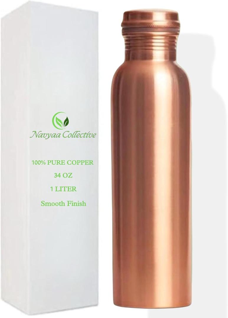 100% Pure Copper Water Bottle For Drinking Water 34oz Ayurvedic Leak-Proof Copper Vessel | Handmade Smooth Finish Design | BPA-Free, Eco-Friendly, Made in India |