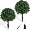 Artificial Boxwood Topiary Ball Bush for Outdoor with Spike, Set of 2 UV Resistant Faux Boxwood Ball Tree with Stake, Weatherproof Fake Round Topiary Shrub Plant for Front Porch Planter (Green)