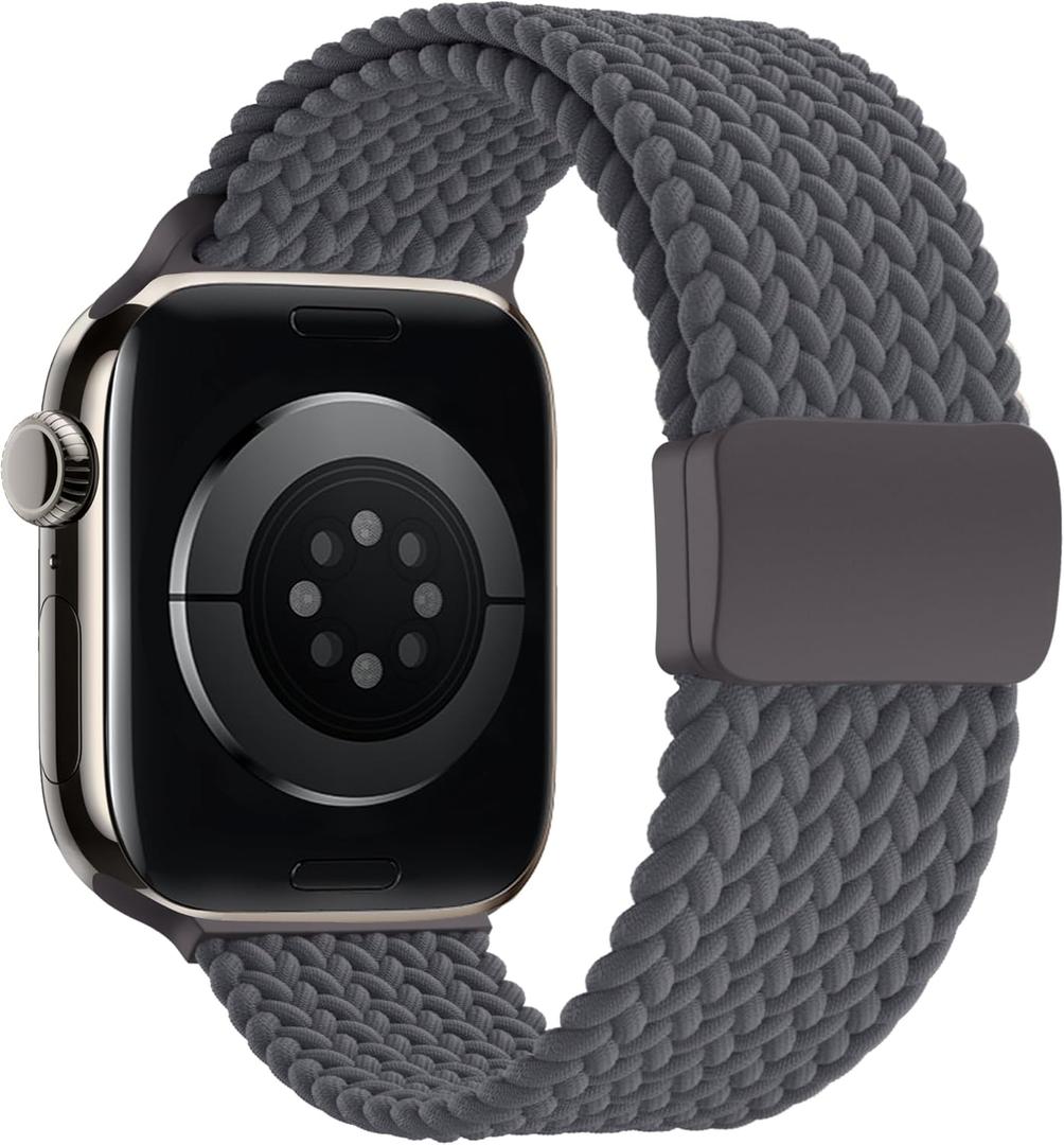 Braided Stretchy Band Compatible with Apple Watch Band 38mm 40mm 41mm 42mm 44mm 45mm 46mm 49mm Women Men, Adjustable Nylon Elastic Magnetic Clasp Strap for iWatch Series 10 9 8 7 6 5 4 3 2 1 SE Ultra (Charcoal Gray)