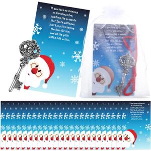 Jetec 48pcs/16 Packs Christmas Santa's Key Ornament No Chimney House Set 16 Metal Vintage Christmas Key Ornaments 16 Santa Claus Cards 16 Gift Bags for Xmas Tree Decor Gift Favors