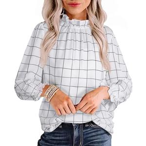 Avanova Women Polka Dot Long Sleeve Blouse Shirts Work Mock Neck Ruffle Top L