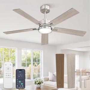 52 Inch Ceiling Fan with Lights and Remote, Smart APP Control, Dimmable with All-Setting Memory, Quiet DC Motor Reversible Blades, Damp Rated Modern Ceiling Fan for Bedroom Patio Living Room