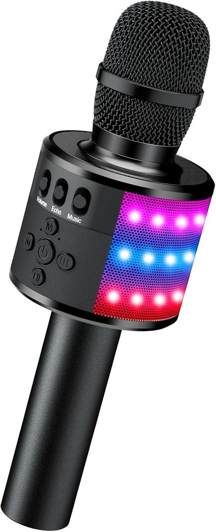 BONAOK Karaoke Microphone for Kids & Adults - Instrument Wireless Microphones Bluetooth Singing Mic with Disco Lights, Echo Effect, Built-in Speaker Portable for Party Travel Gifts Q78(Black)