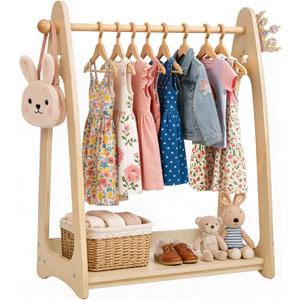 Kids Dress Up Rack for Girls Boys and Toddlers Ages 2-6, Natural Wood Kids Clothing Rack with Shelf, Side Hooks, Costume Rack and Dress Up Storage Organizer for Bedroom Playroom Nursery
