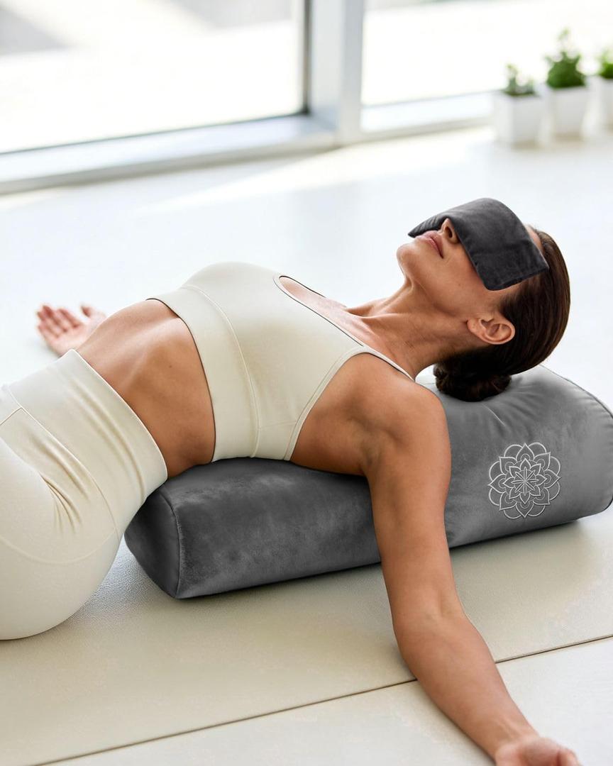 3 in 1 Yoga Bolster Pillow Set for Relaxation & Meditation , Premium Rectangular Velvet Cushion with Weighted Lavender Eye Pillow & Replacement Cotton Cover, Supportive Foam for Back Support & Stretching