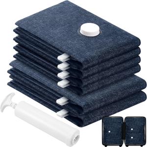 6 Pack Cloth Vacuum Storage Bags, Vacuum Seal Bags for Clothing with Hand Pump, 2 Large+4 Medium, 80% Space Saver Bags for Luggage, Comforters,Blankets, Home Travel Essentials(Demin)