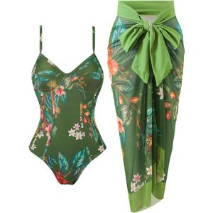 Women's One Piece Swimsuit with Beach Cover Up Retro Floral Print Bathing Suits with Coverup Set Sarong Wrap Swim Suit 1 Piece Swimwear Set with Matching Skirt Dark Green Floral, Size: Large