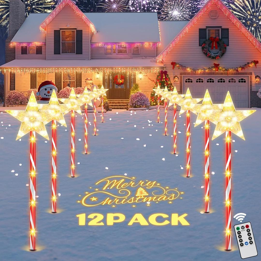 HELESIN Christmas Candy Cane Lights, Solar Landscape Lights with Timer Remote, Waterproof Outdoor Pathway Light Decorative Light for Christmas Decor Garden Yard Walkway Markers, 12 Pack