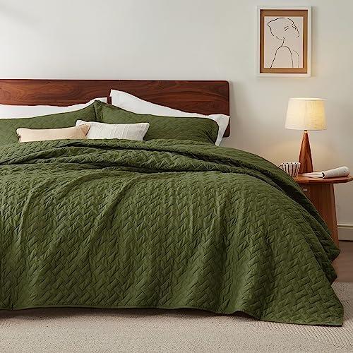 Bedsure Queen Size Pillowcases - with Basket Weave Pattern, Soft Quilt Bedding, Olive Green
