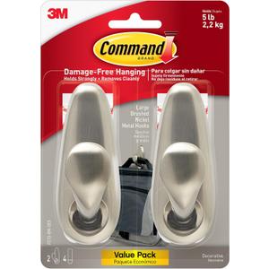Command 5 lb Large Brushed Nickel Metal Hooks, 2 Coat Hooks and 4 Strips, Damage-Free Hanging with Adhesive, Great for Christmas Decorations