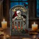 Halloween Decoration Indoor 7.6 Tombstone Statue with LED Lights Spooky Skull Head Gravestone Skeleton RIP Lighting Changes Halloween Village for Table Shelf Home Party Outdoor Decor Gifts (Gray)