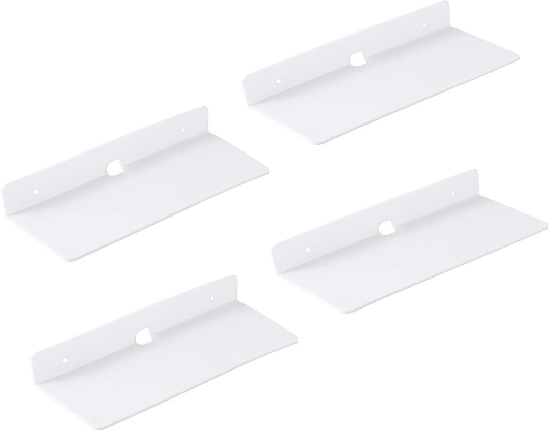 IEEK 9 Inch Acrylic Floating Shelves Set of 4,Small Wall Display Shelf for Bluetooth Speakers/Security Cameras/Nintendo Switch/Action Figures,Damage-Free Wall Shelves Stick-On Shelf,White (White With Adhesive Tape and Screws)