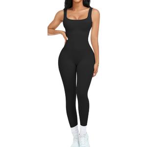 OLCHEE Womens Workout Rompers Jumpsuits Seamless Ribbed Yoga Gym One Piece Sleeveless Square Neck Tank Top Leggings Unitard (X-Large, Black)