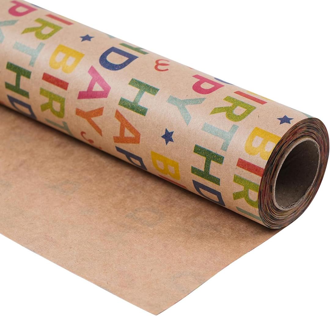 Kraft Birthday Wrapping Paper - Mini Roll - 17 Inches X 33 Feet - for Boys Girls Kids - Colorful Happy Birthday Pattern Great for Teen, Party, Baby Shower
