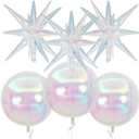 6Pcs Iridescent Foil Balloons,22Inch Clear 4D Round Holographic Ball Balloon and Explosion Star Balloon for Birthday Wedding Baby Shower Prom Party Anniversary Decorations