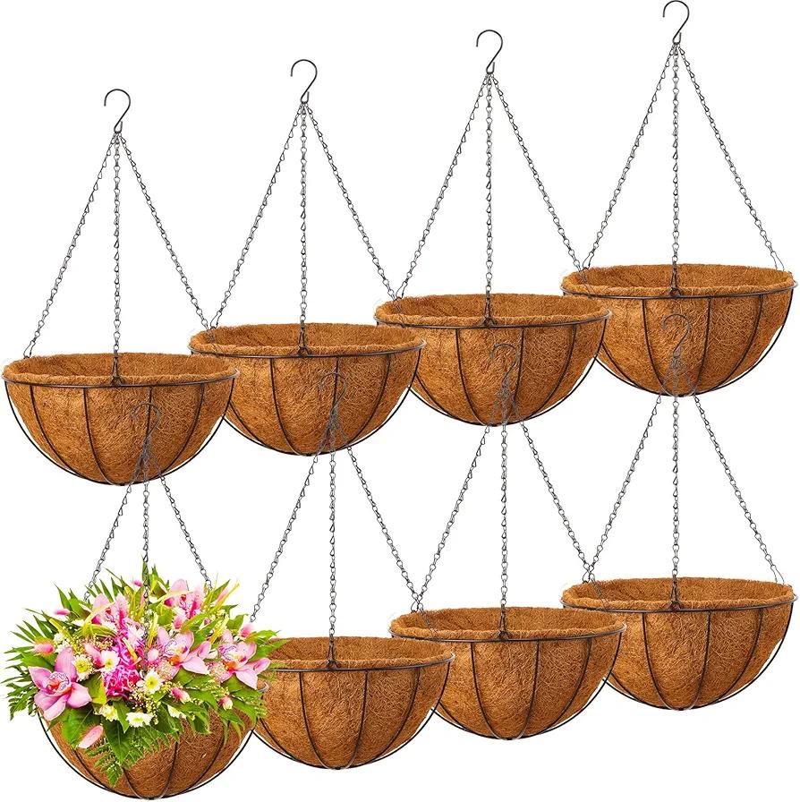 Rtteri Hanging Planters Metal Flower Pots Basket Holder with Coconut Coir Liners Metal Round Wire Plant Holder with Chain Porch for Indoor Outdoor Patio Porch Garden Decoration (8 Pcs,12 Inch)