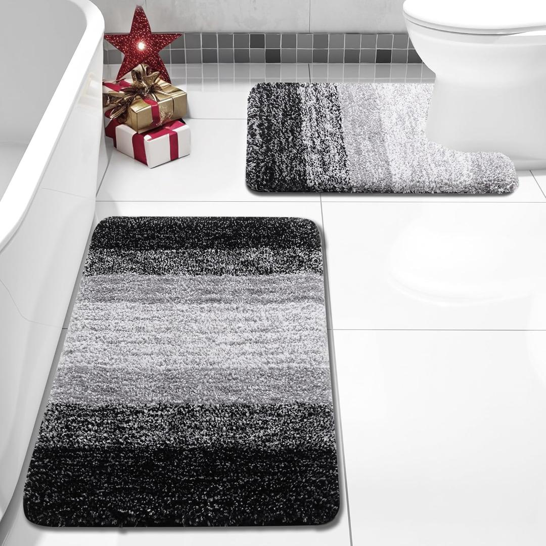 Arotive Bathroom Rugs Sets 2 Piece, Soft Absorbent Microfiber Bath Mats and U-Shaped Contour Toilet Rug, Non-Slip Machine Washable Dry Bath Mats for Bathroom, 24x16 and 24x20, Black