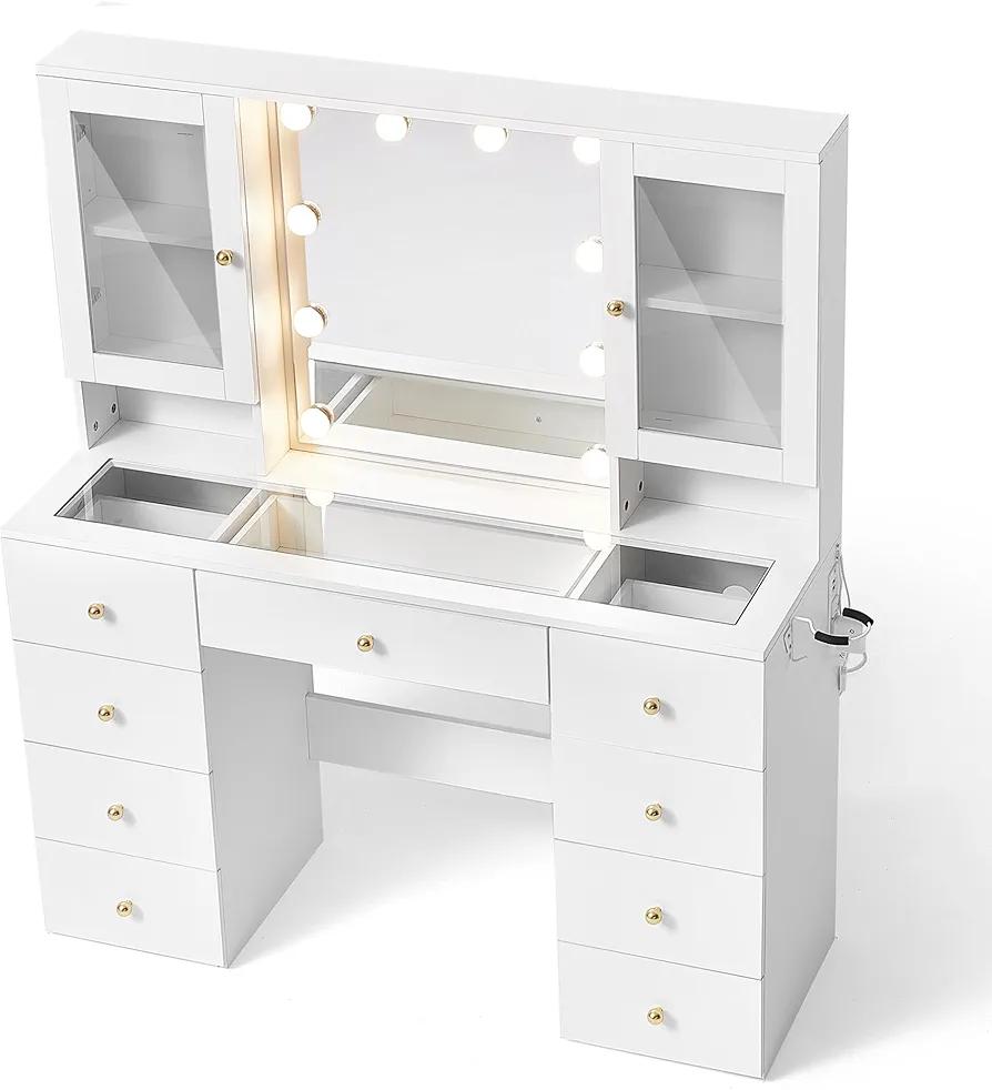 LINSY White Vanity with Mirror and Lights, 2 Glass Cabinets and Height - Adjustable Shelf & 9 Drawers Dressing Table, Makeup Desk with Glass Top & Charging Station, 3 Adjustable Brightness Modes