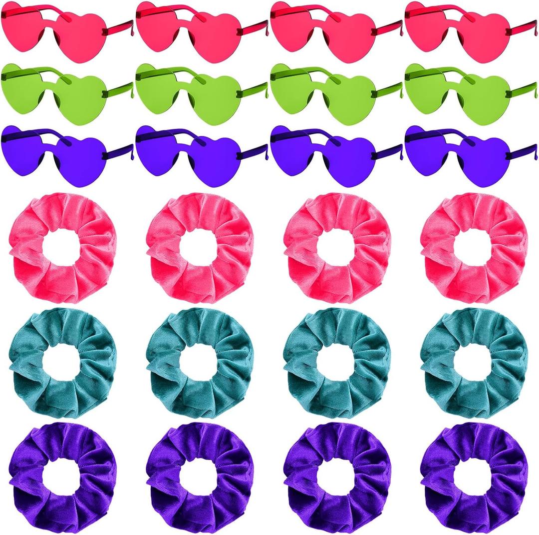 Suncalla 24 Pcs Kpop Theme Party Favors Popular Singer Gift Heart Shaped Glasses and Hair Scrunchie for Women Birthday Friendship Disco Y2k Fans 80s Party Supplies