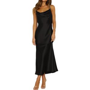 Summer Satin Spaghetti Strap Cowl Neck Backless Midi Dresses for Women Elegant Tie Low Back Ruched Cocktail Dress (Medium, Black)
