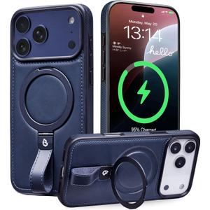 Butaiga for iPhone 17 Pro Leather Case with Stand, Anti-Slip Grip Ring, Fits for MagSafe (Blue, iPhone 17 Pro)