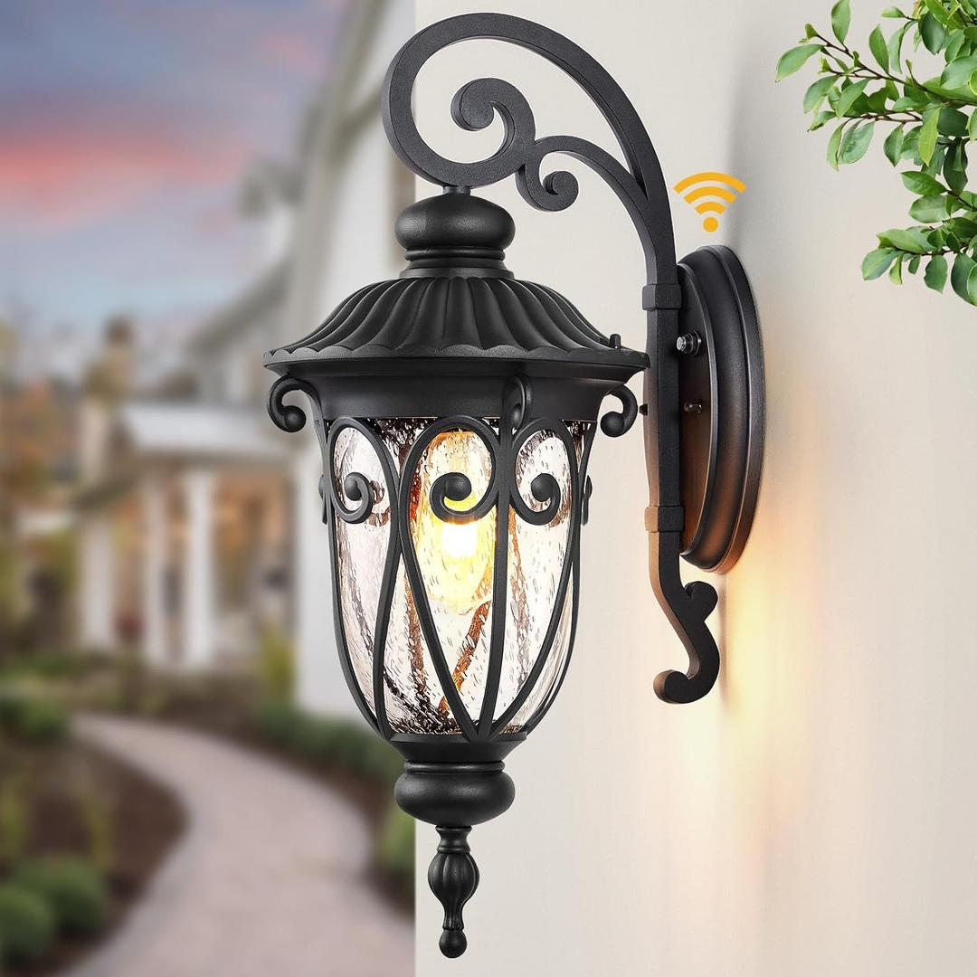 VIANIS Large Outdoor Wall Lights Dusk to Dawn, Black Outside Lights for House, Waterproof Outdoor Light Fixture for Porch, Entryway, Garden, Seed Tempered Glass, Vintage Style, Down Large 1PK
