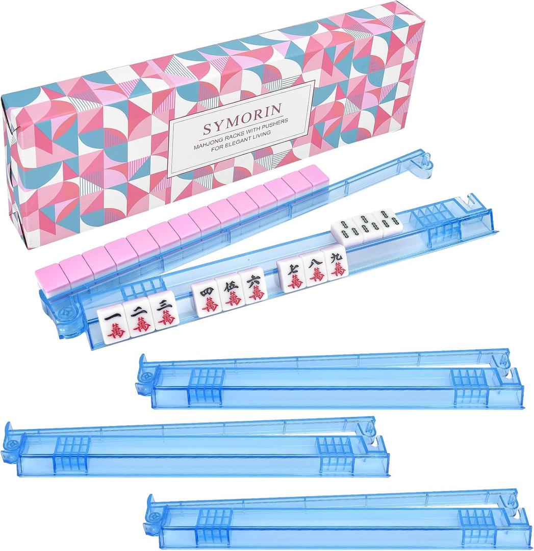 Non-Slip Mahjong Racks with Pushers, 4-Pack Clear Acrylic Racks, American Mahjong Accessories, Gift-Ready Mahjong Gifts (Blue)