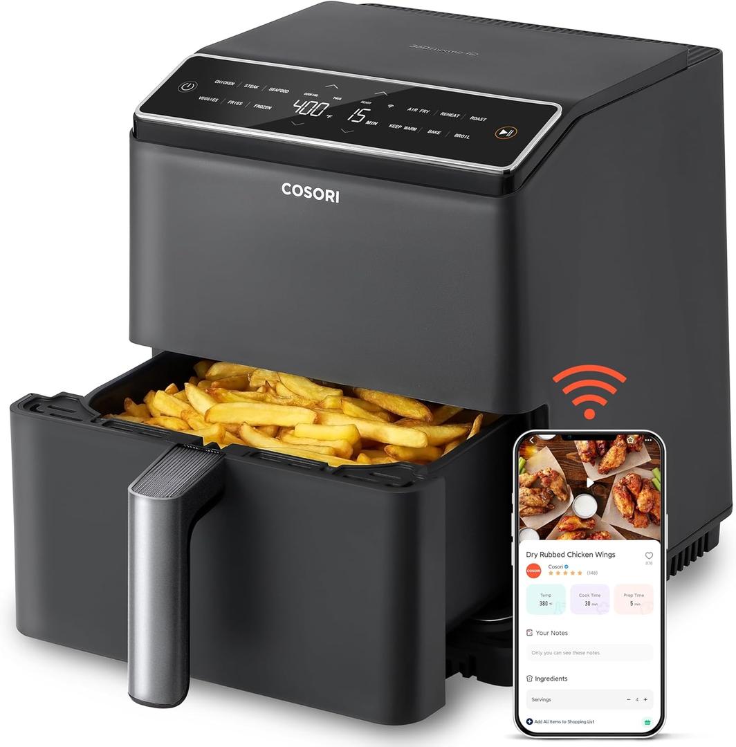 COSORI 6.8Qt Air Fryer, 12-in-1 Dual Blaze for 360 Crispy Meals, No Shaking & Preheating to Fast Cooking with Bake, Roast, Broil, 100+In-App Recipes, Dishwasher Safe