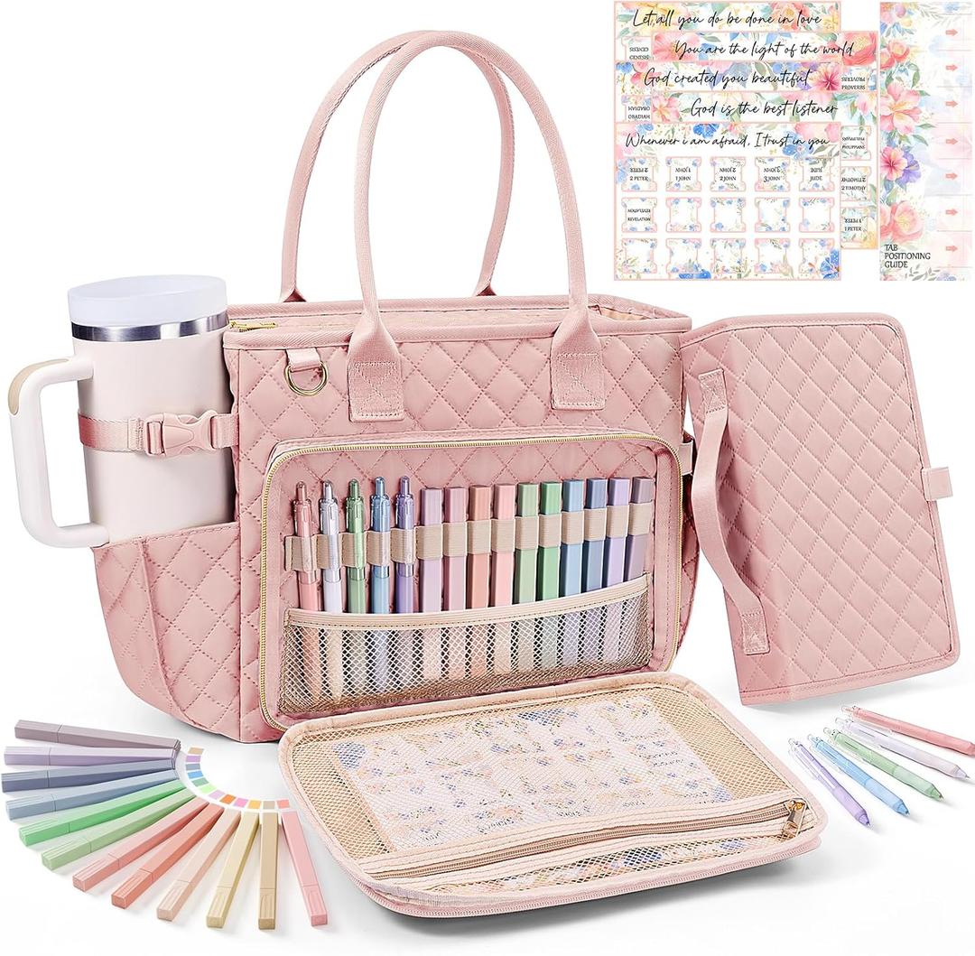 Large Bible Bag with Bible Cover Case for Women, Quilted Church Tote Bag Carrying Case w/Shoulder Strap Bible Study Supplies Journaling Kit Accessories Mothers Day Christian Gift for Women Mom Teacher