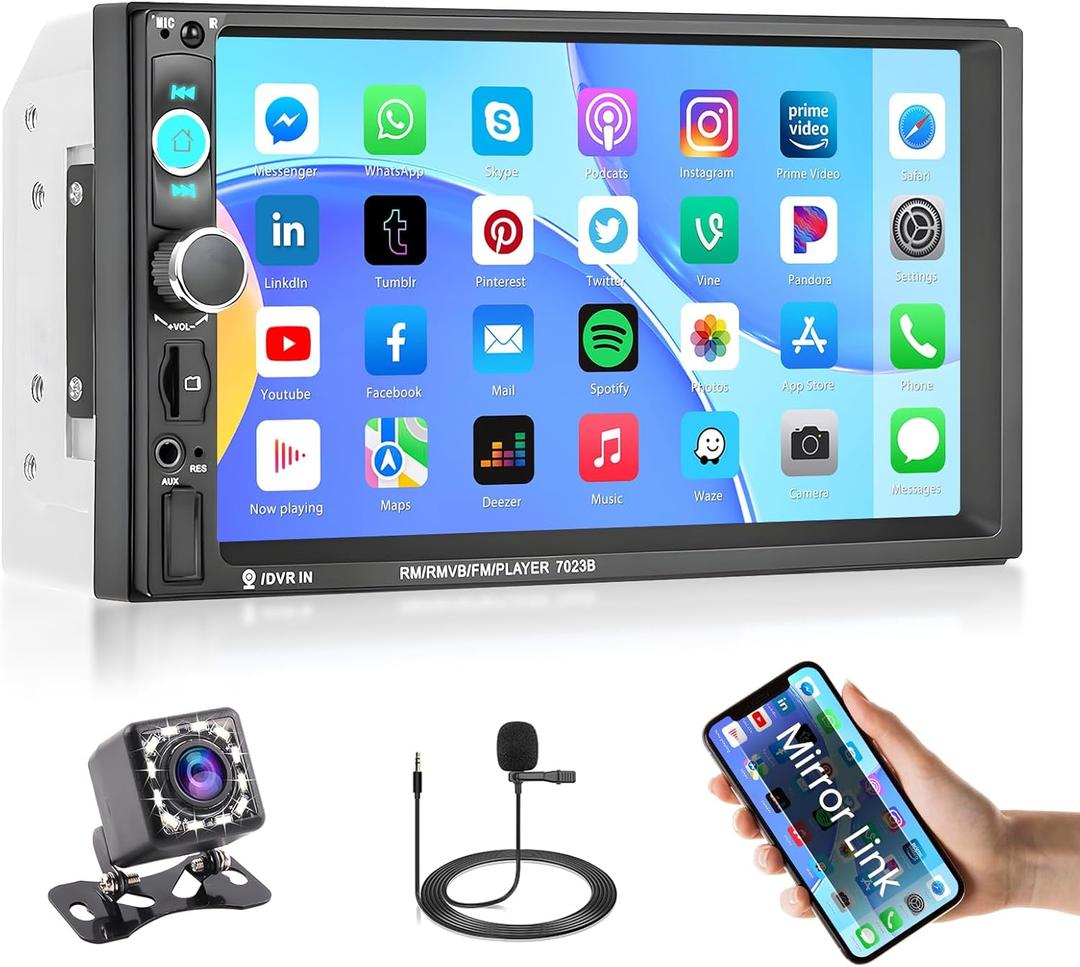 Hikity 7 Inch Double Din Car Stereo, 1080P Touchscreen Car Radio Bluetooth Audio Receiver Support Backup Camera, Mirror Link, FM, EQ, SWC, USB, MIC