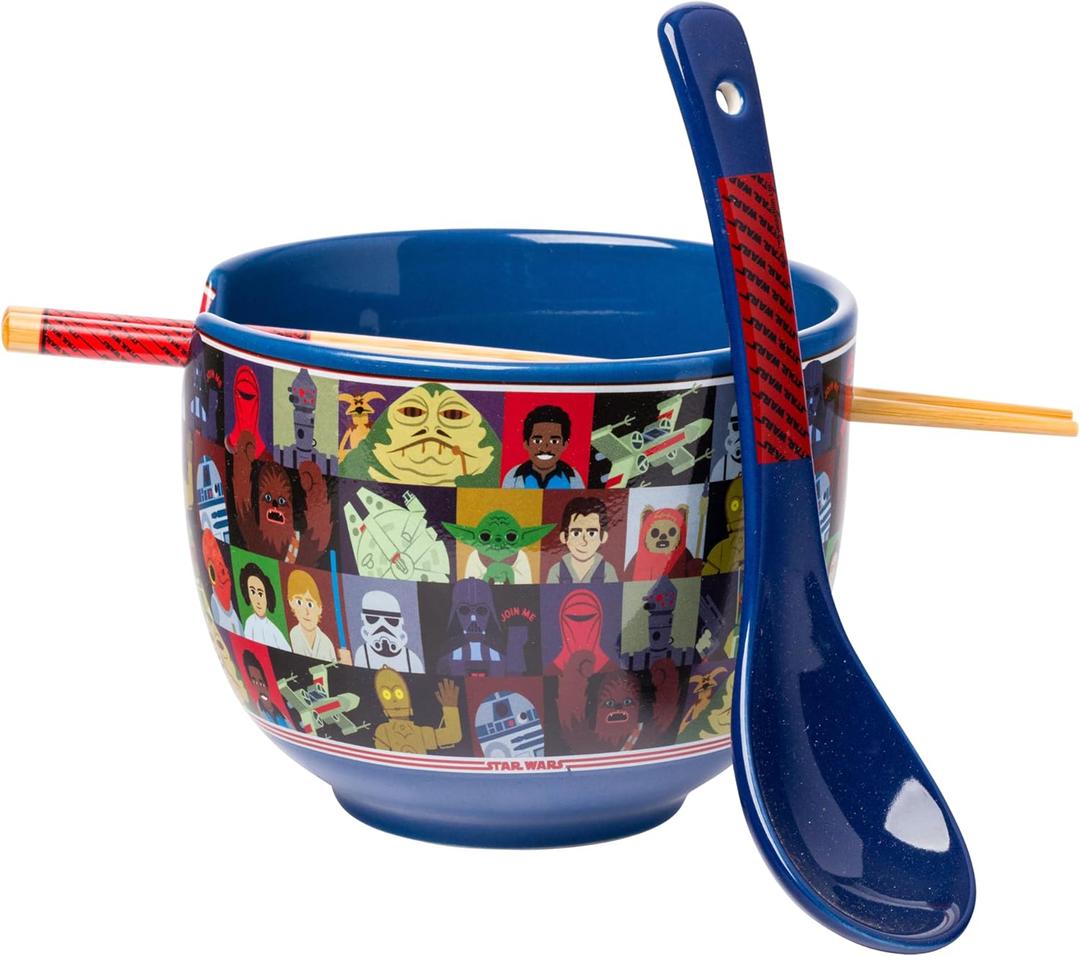 Silver Buffalo Star Wars Characters Ceramic Ramen Noodle Rice Bowl with Chopsticks and Spoon, Microwave Safe, 20 Ounces