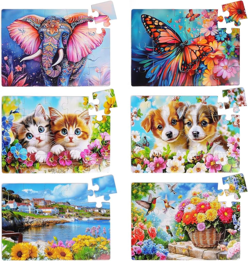 6 Packs 20 Large Piece Puzzles for Seniors with Dementia Alzheimers Puzzles Memory Cognitive Games Easy Jigsaw Puzzles for Elderly Seniors with 6 Storage Bags (Animal)