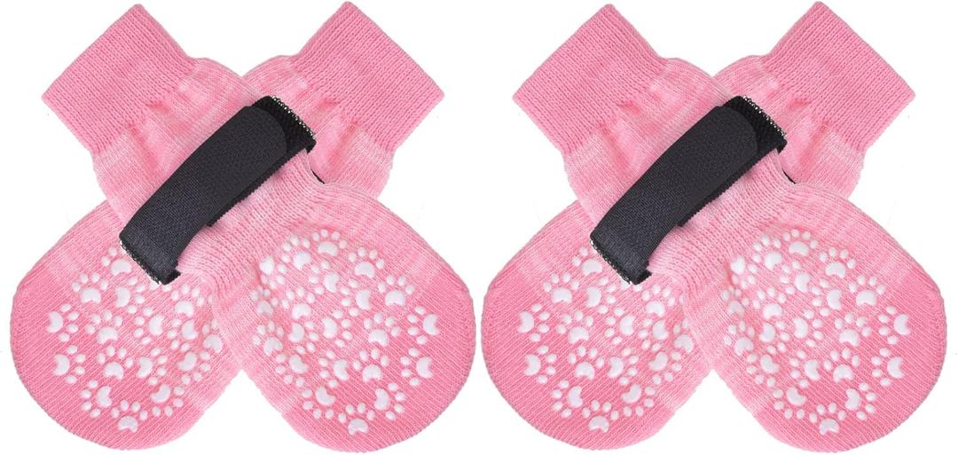 EXPAWLORER Anti Slip Dog Socks to Prevent Licking Paws, Doggie Shoes for Hot Pavement, Pet Booties for Small Medium Large Senior Dogs, Traction Control Dog Boots & Paw Protectors for Hardwood Floors (Small (4 Count), Pink)