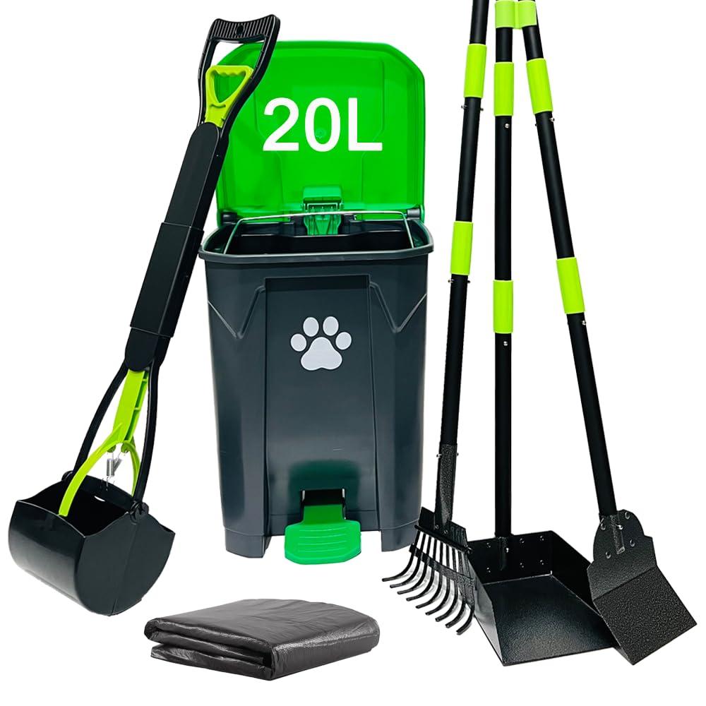 20L Dog Poop Trash Can Outside with Pooper Scooper & 50 Waste Bags- Outdoor Dog Poop Trash Can with Lid, Foot Pedal and Removable Inner Bin Waterproof and Odor Control