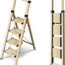 4 Step Ladder, Lightweight Folding Step Stool with Anti-Slip Aluminum Wide Pedal& Convenient Handgrip, 330lbs Capacity Steel Ladder for Household and Office (Gold)