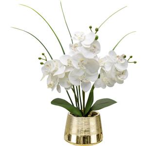 Oairse Artificial White Phalaenopsis Orchid Flower Arrangements Faux Orchid Flower in Gold Pot Orchid Centerpiece for Dining Room Table
