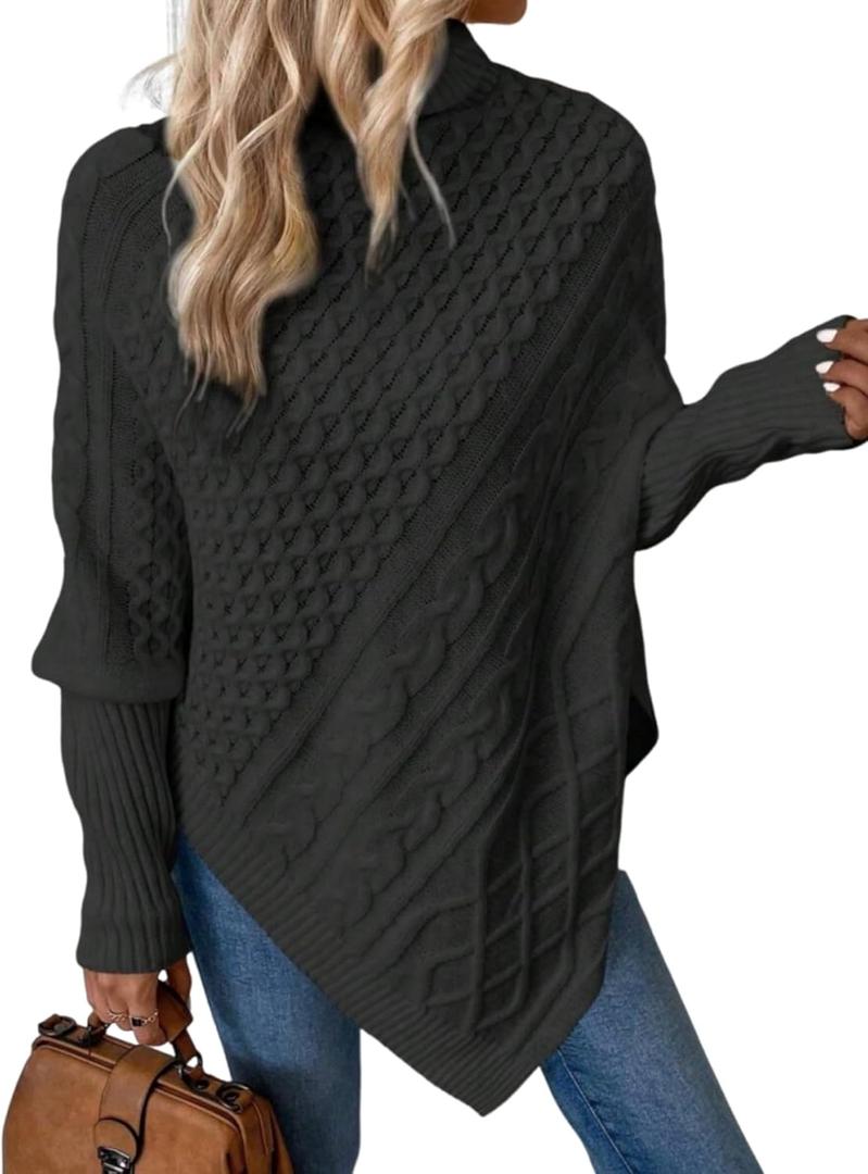 ZAFUL Women's Asymmetrical Turtleneck Poncho Sweaters Drop Shoulder Cable Knit Casual Pullover Sweater (Large, 1-black)