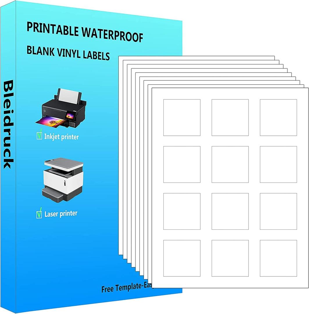 2 x 2 inch Glossy White Waterproof Square Labels, 600 Labels Printable Blank Bottle Labels,Oil-Resistant Jars Vinyl Labels for Inkjet/Laser Printer