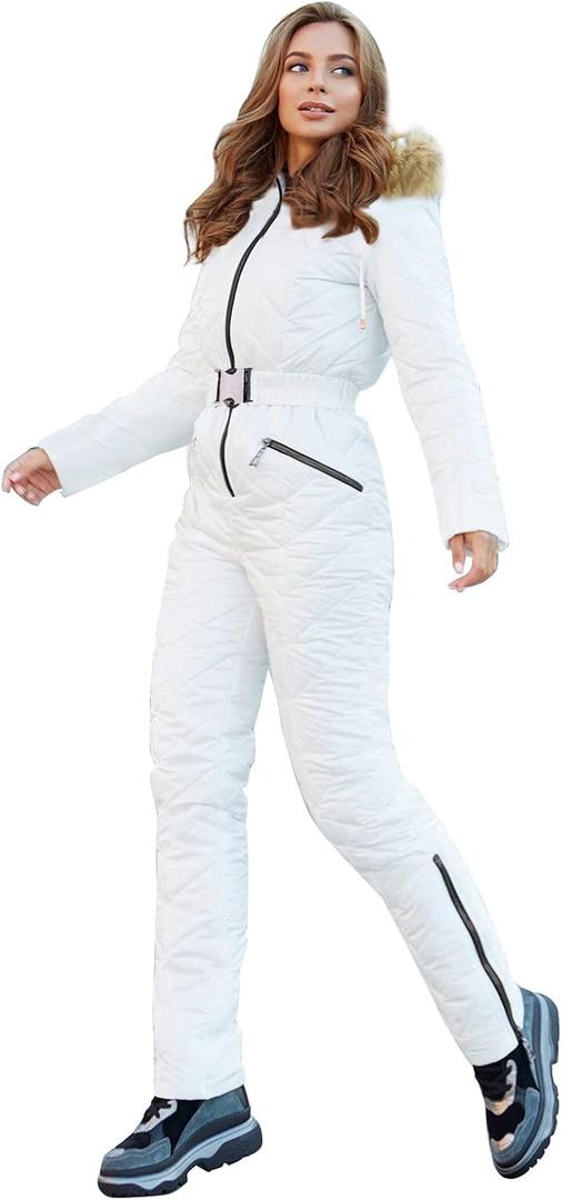 Yousify Womens Winter Ski Suit One Piece Hooded Fur Collar Ski Jumpsuit Snowsuit Outdoor Sports Coat (XX-Large, 1-white)