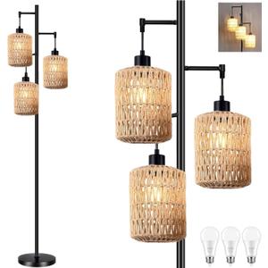 QIYIZM Floor Lamp for Living Room,Bedroom,3-Lights Boho Rattan Tree Floor Lights,Industrial Black Farmhouse Standing Lamp Wicker Rustic Tall Lamp,Woven Bamboo LampShade Floor Lamps Bohemian