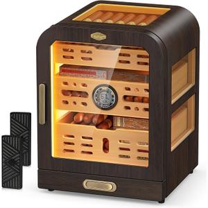 Cigar Humidor, 4 Side Windows humidor Cigar Box, Cedar Wood Drawer Humidor, with LED Lighting System, Digital Thermometer and 2 Cigar Humidifiers, Glass Top Cigar Case for 80-120 Cigars