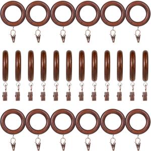 24 Pack Wooden Curtain Rod Rings with Drapery Clips Farmhouse Beech Wood Drapes Rings 1.5 Inch Interior Diameter Rustic for 1.1 Inch Curtain Rod Pole (Retro Brown, Inner Dia 1.5 in)