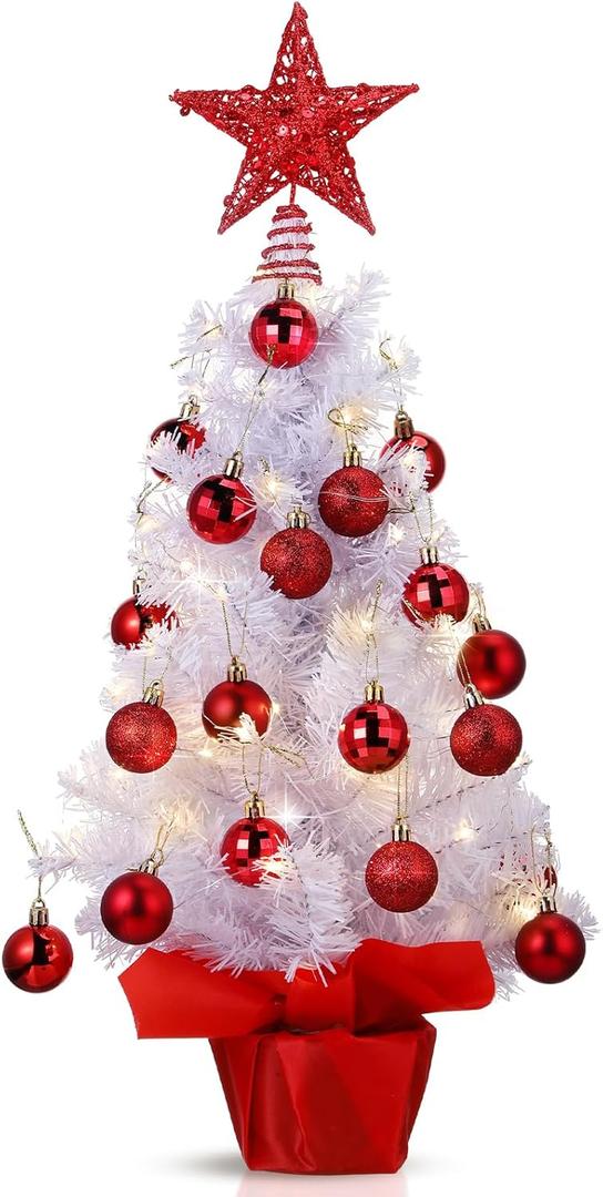 Sumind 24 Inch/2 ft Mini White Christmas Tree Tabletop Small Tree with Lights 24 Pcs Christmas Ball Ornaments Star Pre-lit Artificial Pine for Xmas Table Home Indoor Decoration(Red)