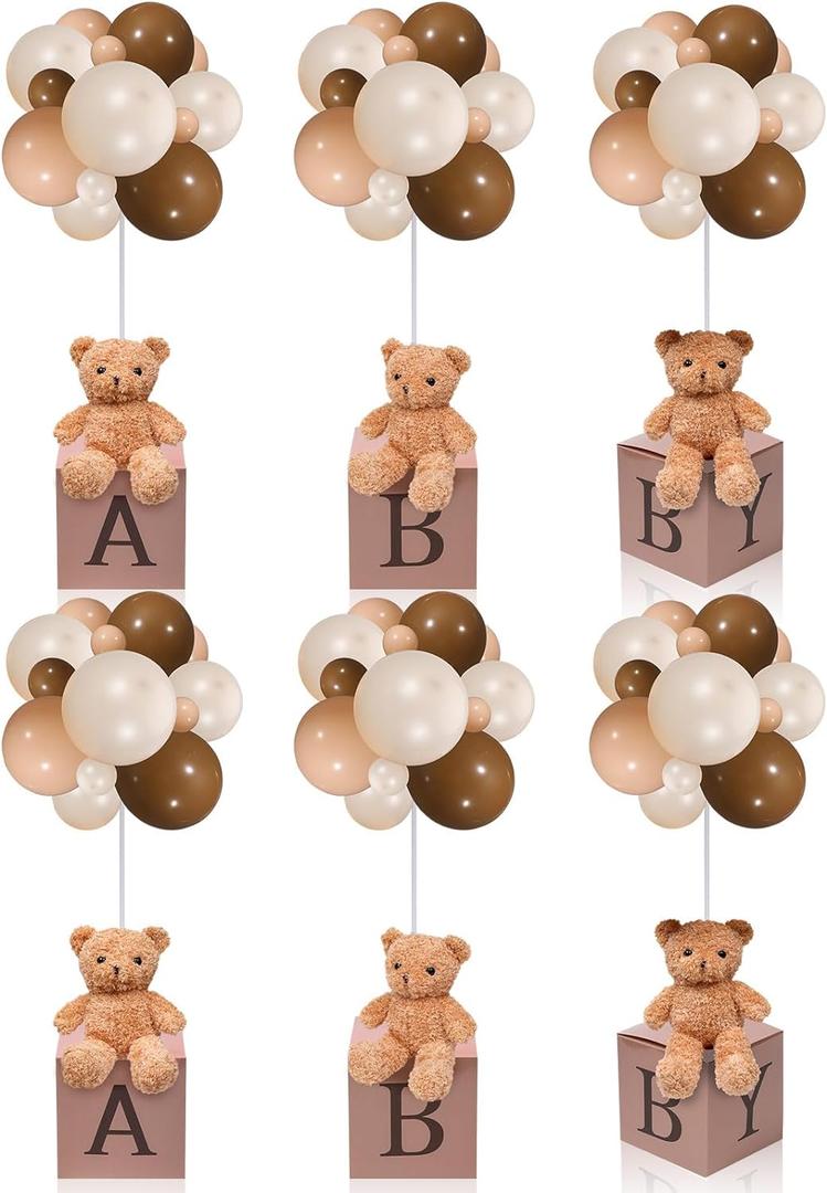 Lenwen 6 Sets Baby Letter Boxes Decorations Table Centerpieces for Baby Shower Gender Reveal, Bear Stuffed Animals Balloon with Stand Plush Toy Boxes for Birthday Party Wedding (Bear, Brown)