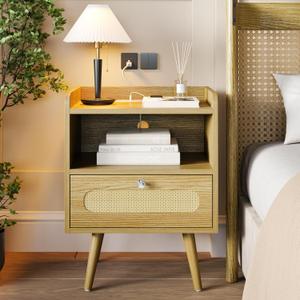End Table with Charging Station, Nightstand with Diamond Handle and Rattan-Style Drawer, Bedside Table, Light Oak