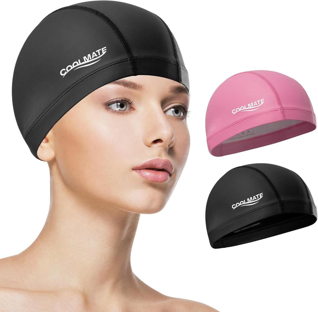 COOLMATE Fabric Swim Cap for Women, Men & Kids  Silicone Water Resistant Layer, Lightweight Cloth Cap for Pool & Lap Swimming  Non-Slip Comfortable Fit, Gift for Swimmers (1 Pack) (Medium, Black & Dark Pink (Pack 2))